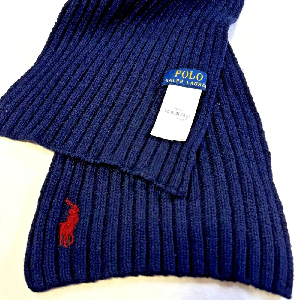 Polo Ralph Lauren Classic Rib Knit Wool Blend Navy Blue Scarf 72